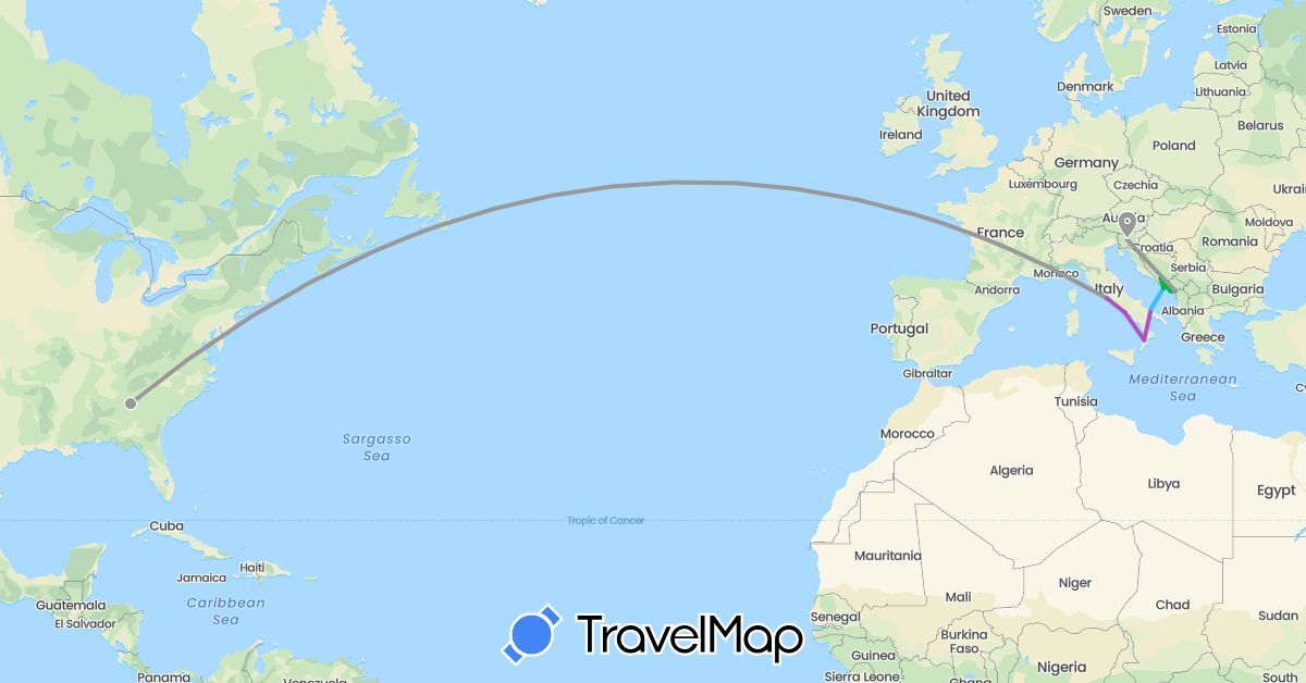 TravelMap itinerary: driving, bus, plane, train, boat in Bosnia and Herzegovina, Croatia, Italy, Montenegro, Slovenia, United States (Europe, North America)