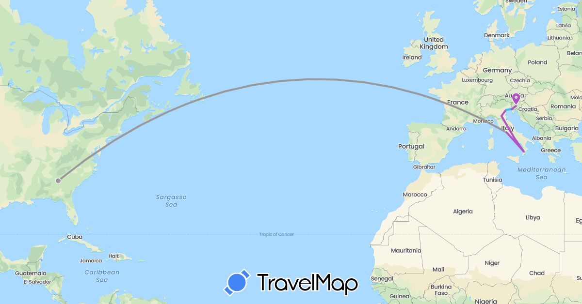 TravelMap itinerary: driving, plane, train, boat in Italy, Slovenia, United States (Europe, North America)