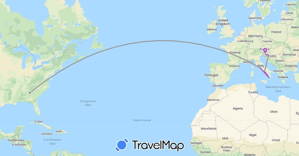 TravelMap itinerary: driving, plane, train in Croatia, Italy, Slovenia, United States (Europe, North America)