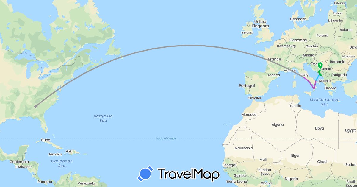 TravelMap itinerary: driving, bus, plane, train, boat in Bosnia and Herzegovina, Croatia, Italy, Montenegro, United States (Europe, North America)
